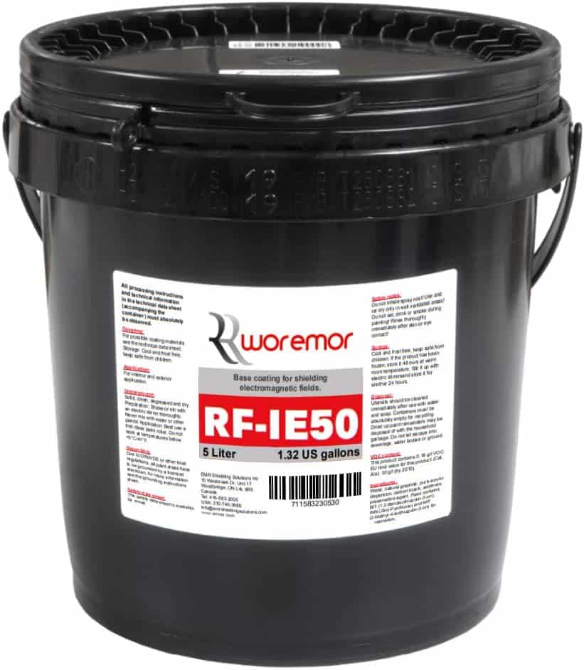 A black 5-liter plastic pail labeled Woremor RF-IE50 base coating for shielding electromagnetic fields, with text in red and black on a white label.