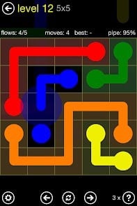 A completed level 12 of a 5x5 Flow Free puzzle, showing connected colored paths: red, blue, green, orange, and yellow, with 4 moves and 95% pipe coverage.