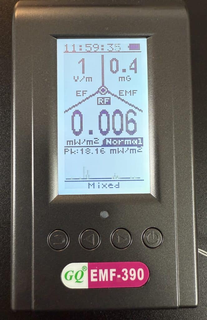 A digital EMF meter displays electromagnetic field readings on a screen, showing values in µT, mG, and mW/m², with control buttons below the display.
