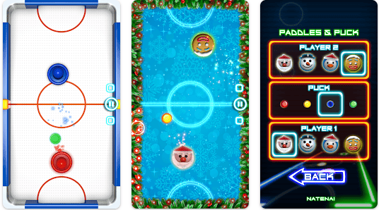 Three screens of an air hockey game: classic mode, festive-themed mode with character paddles, and a selection menu for paddles and puck designs.