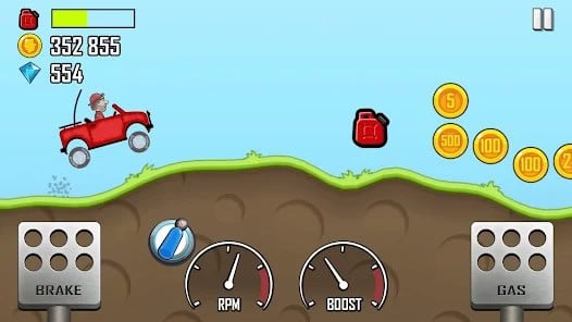 A red cartoon car jumps over a hill, collecting coins and a fuel can, with game controls and score displayed on the screen.