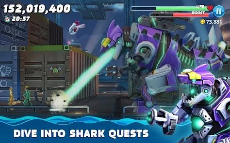 A robot shark shoots lasers at fleeing characters in a warehouse setting. Game interface shows score, timer, and in-game currency, with text: DIVE INTO SHARK QUESTS.