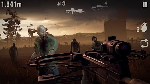A first-person view of a player aiming a crossbow at approaching zombies in a dark, outdoor setting with game stats displayed on the screen.