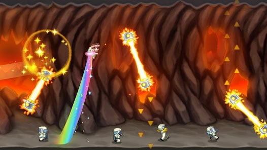 A character in a pink suit with a rainbow trail flies above laser obstacles and astronauts in a cave with a fiery, lava-filled background.