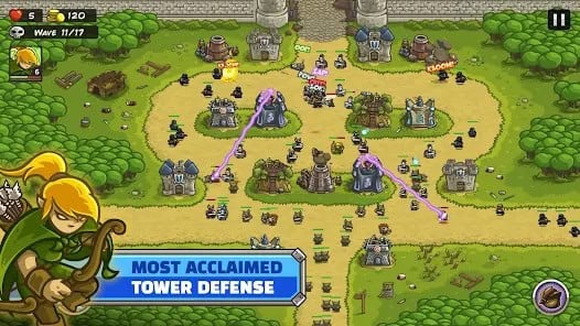 A fantasy-themed tower defense game screenshot showing various towers attacking enemies on a winding path, with game stats displayed at the top and a Most Acclaimed Tower Defense banner at the bottom.