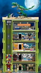 A multi-story LEGO building with detailed rooms, a green dinosaur model on the roof, and various LEGO minifigures and decorations on each floor.