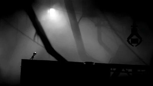 A silhouetted figure stands on a dark platform in a misty, shadowy environment with a large mechanical claw overhead.