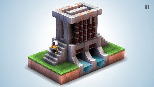 A small astronaut stands on stairs next to a blocky, stylized dam with water flowing through two channels, set on a grassy platform.