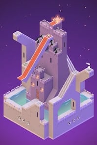 A stylized, isometric castle with purple walls, red ramps, staircases, water-filled moat, and flag, set against a purple background.