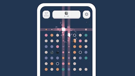 A mobile puzzle game interface displays colored dots in a grid with a highlighted intersection and a progress bar showing 3 out of 20, and 17 moves remaining.