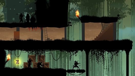 A 2D side-scrolling video game scene shows silhouetted characters navigating platforms, ladders, crates, spikes, and torches in a dark forest environment.