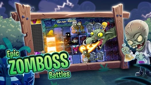Screenshot from Plants vs. Zombies 2 showing a Zomboss battle, with a fire-breathing dragon and zombies attacking plants, and the text Epic ZOMBOSS Battles.
