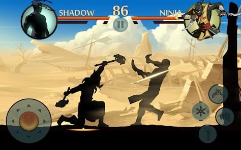 Two shadowy fighter silhouettes battle with weapons in a desert arena in a side-scrolling video game interface, with health bars and control buttons visible.