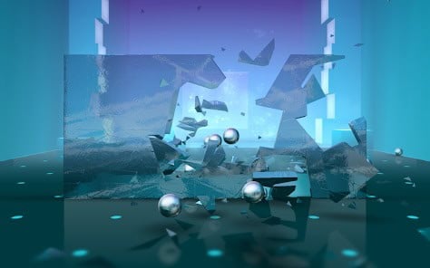 Shards of glass and metallic spheres suspended in midair within a modern, blue-toned abstract room.