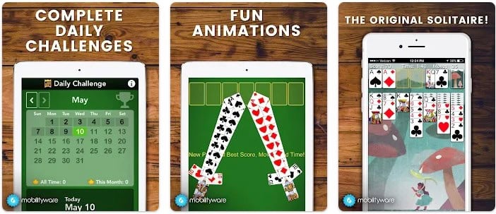Three screenshots of a solitaire app highlight daily challenges, animated card movements, and traditional solitaire gameplay, all displayed on tablet devices.