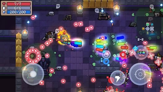 Pixel art dungeon shooter game scene with player firing colorful weapons, dodging red enemy projectiles, health and stats displayed in top left, virtual controls visible on screen.