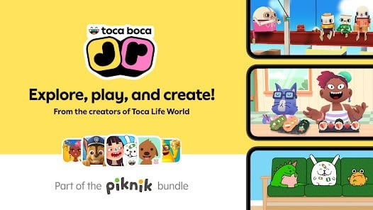 Promotional image for Toca Boca Jr, featuring cartoon characters, app screenshots, and the text Explore, play, and create! Part of the Piknik bundle.