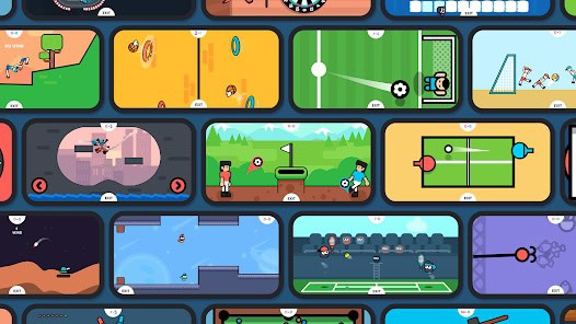 A collage of colorful cartoon mini-games, each in its own rectangular frame, featuring sports, racing, and action scenes with simple animated characters.