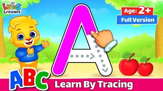 Colorful educational graphic showing a cartoon animal, the letter A being traced, apples, and text promoting an ABC tracing app for ages 2 and up.