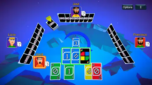 A digital UNO game screen showing four players, each with seven cards, and various colored cards on the table. Player avatars and names are displayed at each seat.