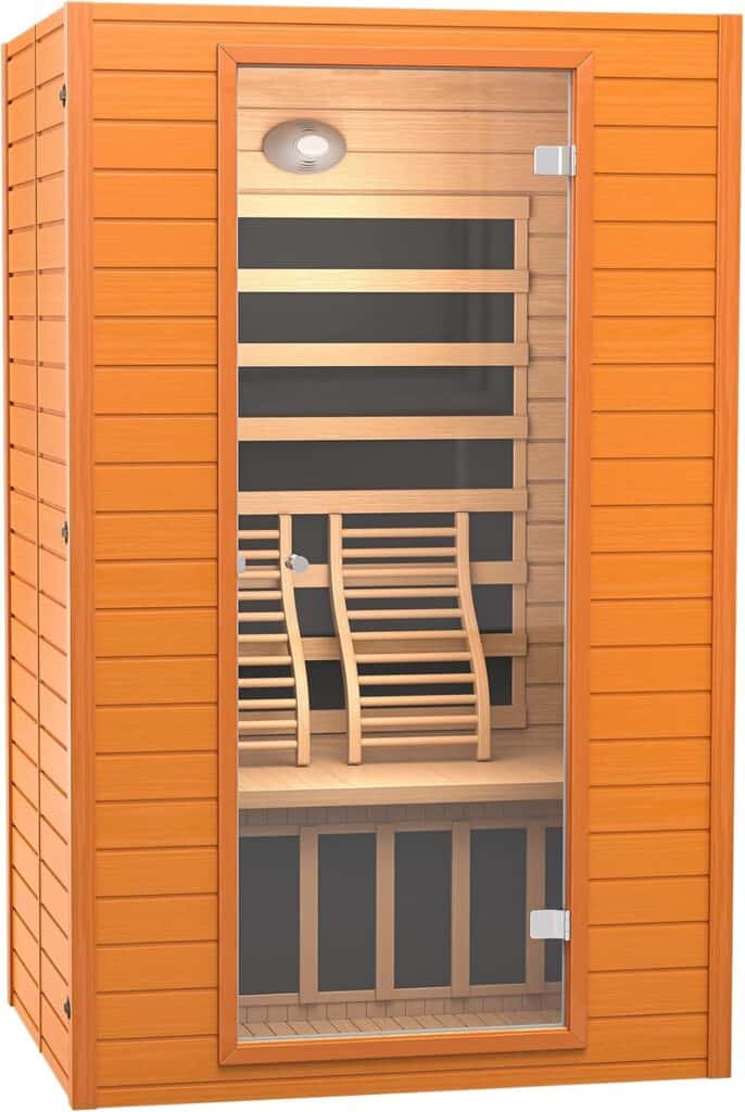 A wooden infrared sauna with a glass door, interior bench seating, and horizontal heating panels visible inside.
