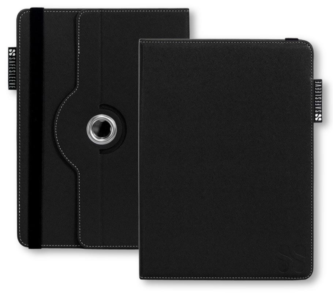 Two black tablet cases with white stitching, one showing the front and the other showing the back with a circular swivel mechanism and a visible stylized S logo.